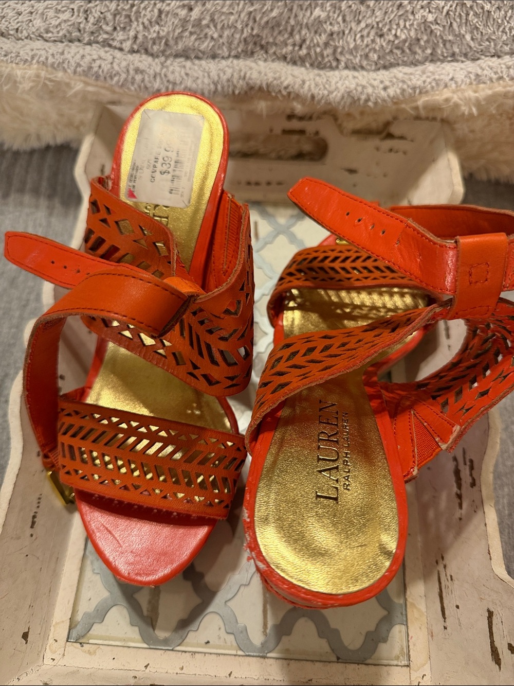 LAUREN Ralph Lauren Orange Laser-Cut Leather Sandals size 6